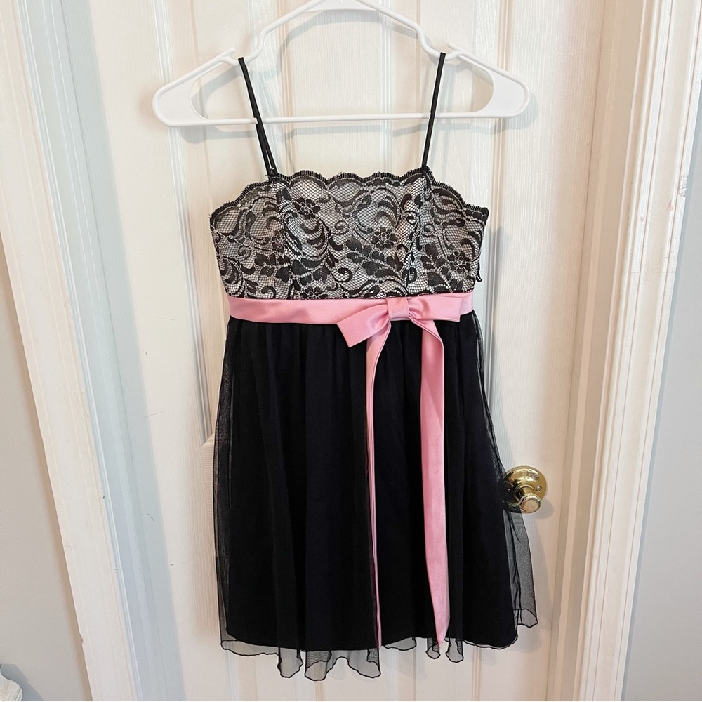 C.W. Designs Lace & Tulle Dress with Pink Ribbon
